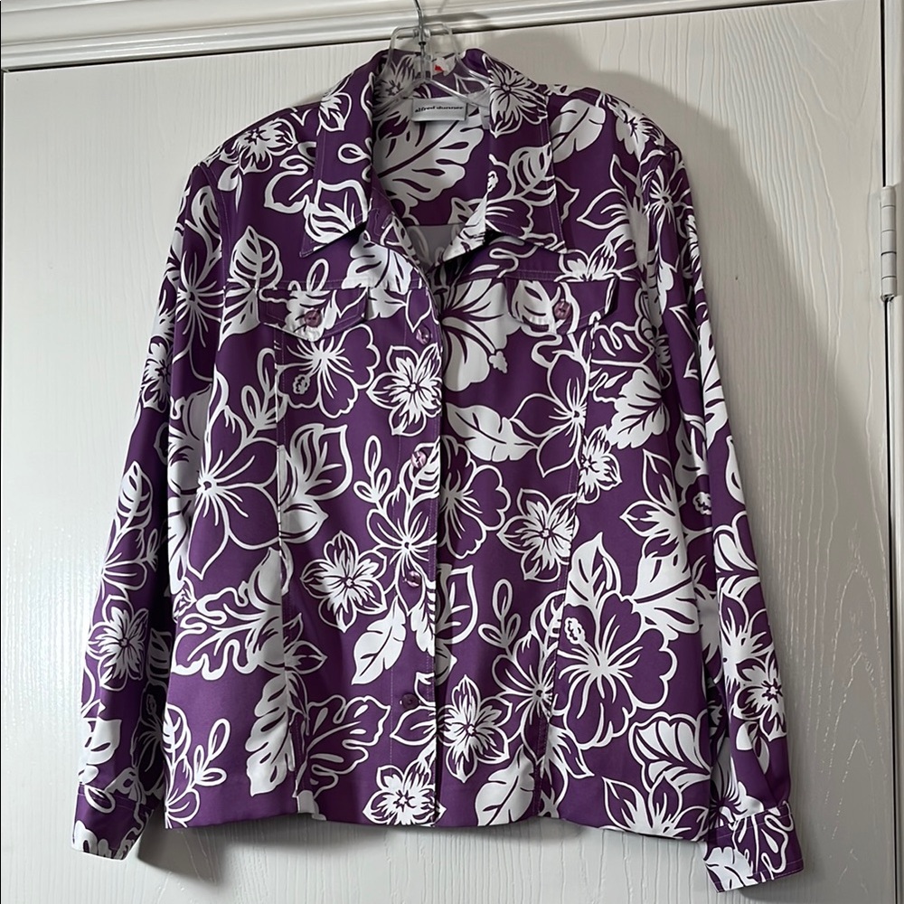 Vibrant Alfred Dunner Floral Button Blouse – Purple & White – Size 16